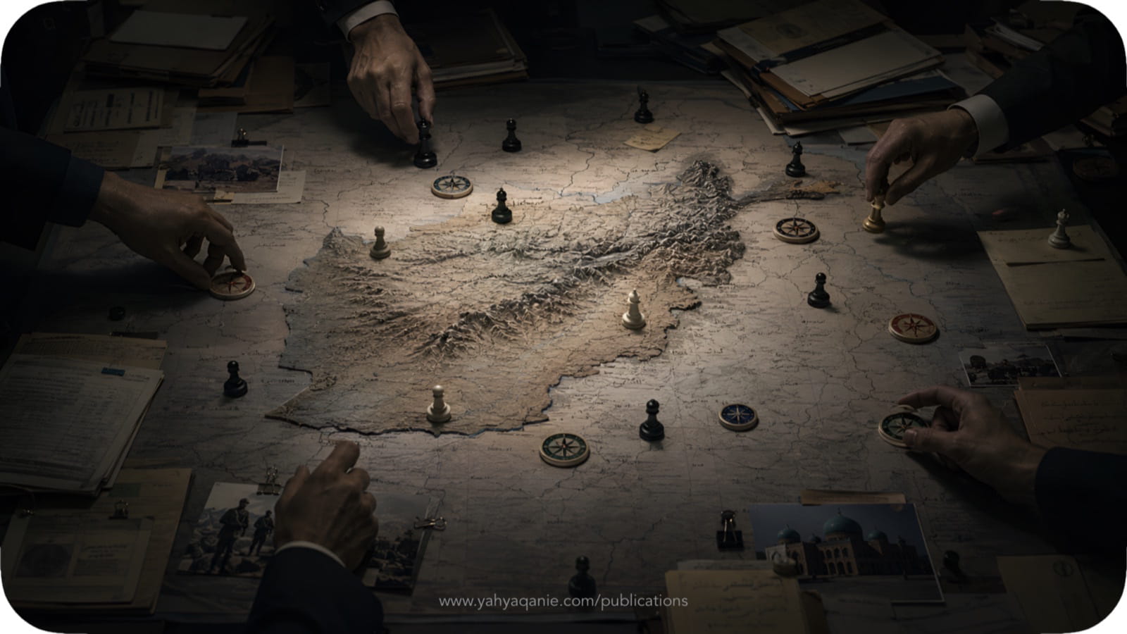 Strategic map of Afghanistan with chess pieces and documents